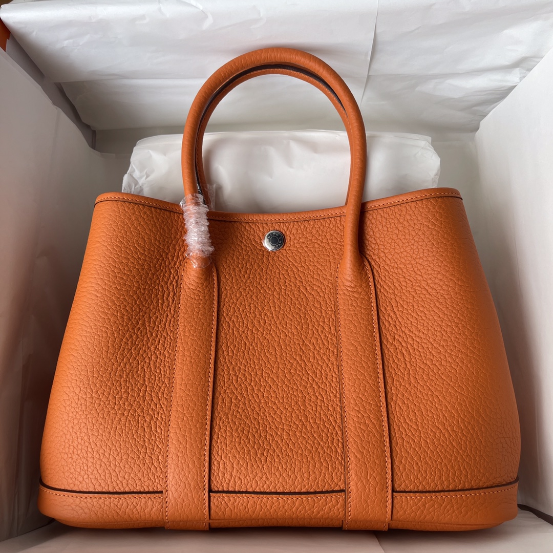 Hermes Garden Party 30cm Tote Handbag In Orange Clemence Leather